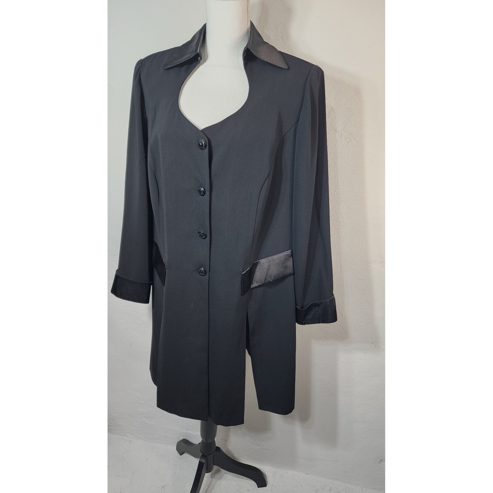 Dana Kay Blazer Jacket 14 Black Vintage Goth Cutout Satin Trim Longline - Picture 2 of 14